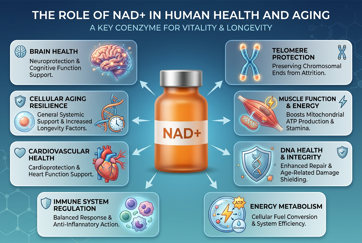 Infographic showing how NAD+ supports human health, including brain function, energy metabolism, DNA repair, immune regulation, cardiovascular health, muscle function, and cellular aging processes.